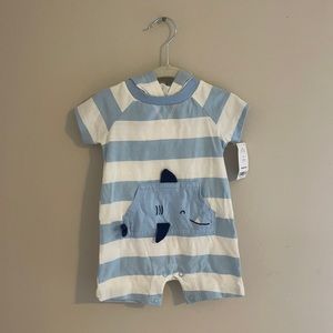 Carter’s shark romper, blue and white striped, 6 month